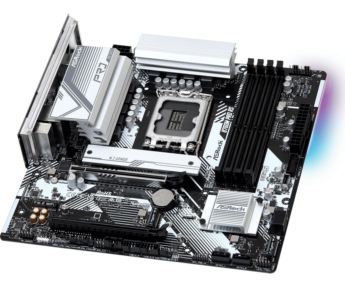 Материнская плата S-1700, ASRock, B760M PRO RS, 4xDDR5, 3xM.2, 2xPCI-E x16, Micro-ATX