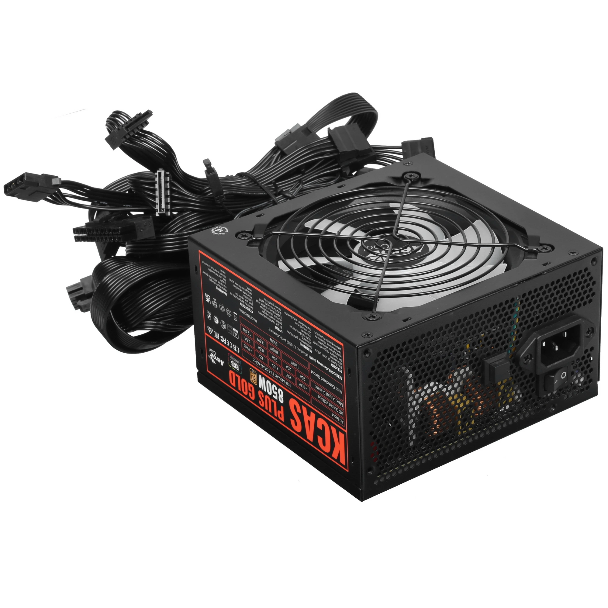 Блок питания AeroCool KCAS Plus Gold 850W RGB [850 Вт, 80 PLUS Gold, 8x SATA, 3 x 6+2 pin PCIe, 2x 4+4 pin CPU, EPS12V, ATX]