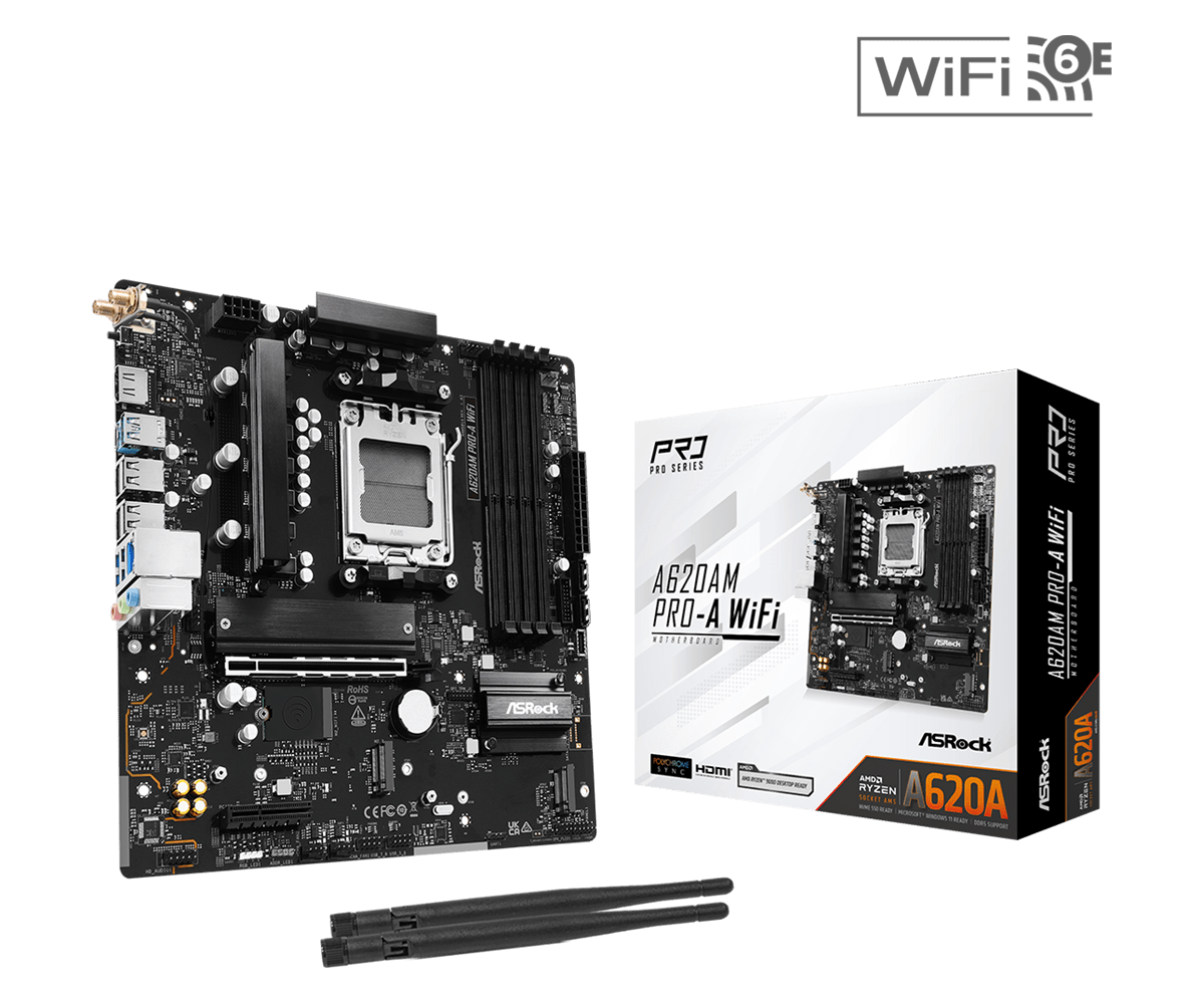 Материнская плата ASRock A620AM PRO-A WIFI [AM5, AMD A620, 4xDDR 5, 3xM.2, 1xPCI-E x16, Micro-ATX]