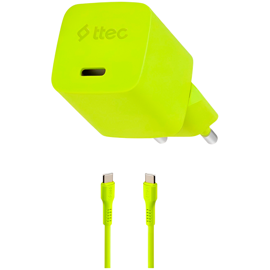 ttec SmartCharger GAN 20W PD (2SCG20CNS) Travel Fast Charger + USB-C - USB-C 3A Cable 120cm, Neon Yellow