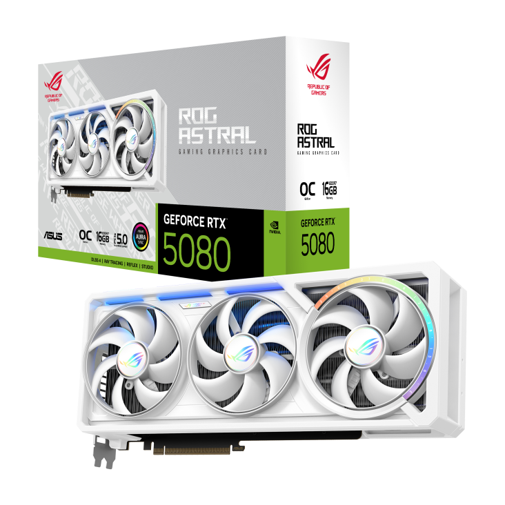 Видеокарта Asus GeForce RTX 5080 ROG Astral WHITE OC Edition (ROG-ASTRAL-RTX5080-O16G-WHITE) [16 ГБ, GDDR7, 256 бит, HDMI (2 шт), DisplayPort (3 шт)]