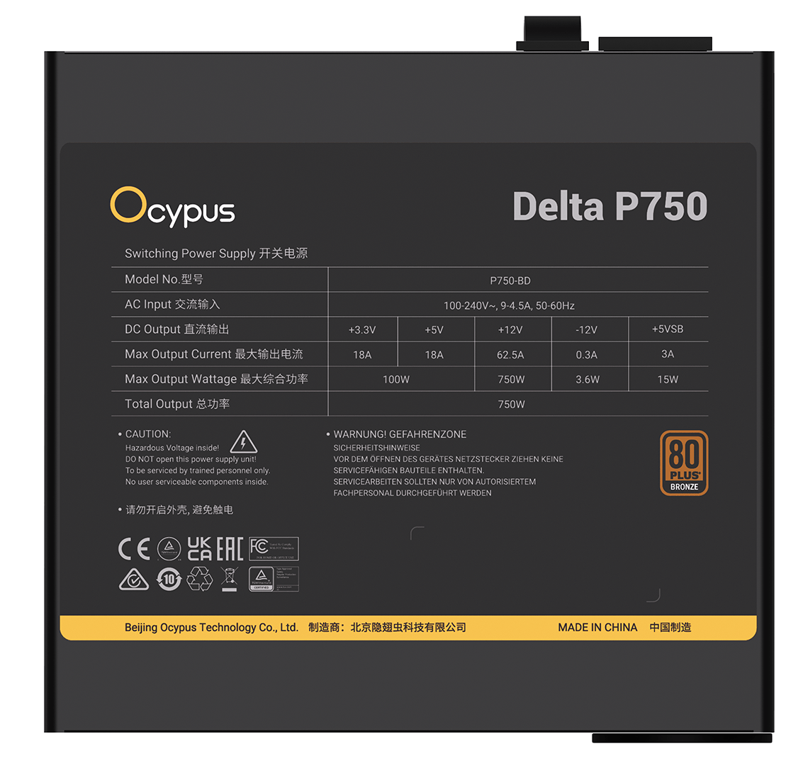 Блок питания Ocypus Delta P750 (Delta-P750-B1FDBK024X-E) [750 Вт, 80 PLUS Bronze, 8x SATA, 1 x 16 pin (12VHPWR), 3 x 6+2 pin PCIe, 2x 4+4 pin CPU, ATX]