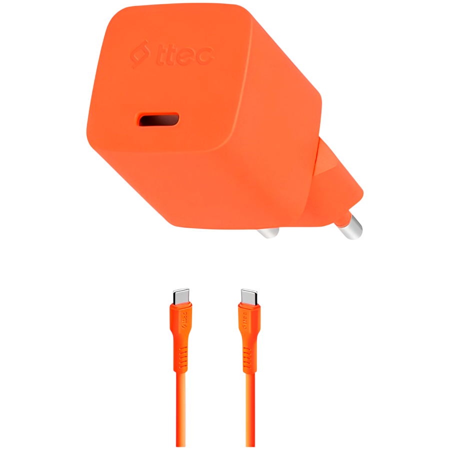 ttec SmartCharger GAN 20W PD (2SCG20CNT) Travel Fast Charger + USB-C - USB-C 3A Cable 120cm, Neon Orange