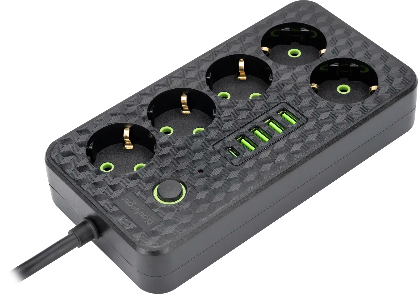 Удлинитель Defender без заземления R218 (99292) 3 м, 5 розеток, 4xUSB, 1xType-C, черный