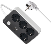 Удлинитель Defender без заземления R230 (99294) 2 м, 4 розетки, 2xUSB, черный