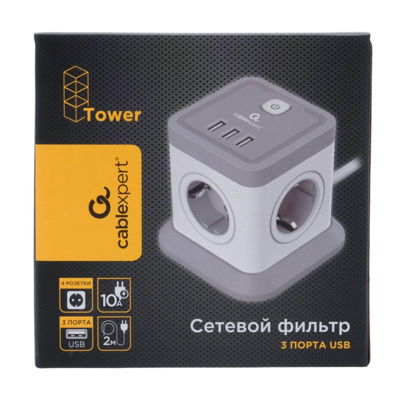 Сетевой фильтр Cablexpert Tower, TWR-4-U3-W-2, 4р, 10А, 3xUSB, 3.1А, 2м, ур.защиты 2+, коробка белый¶