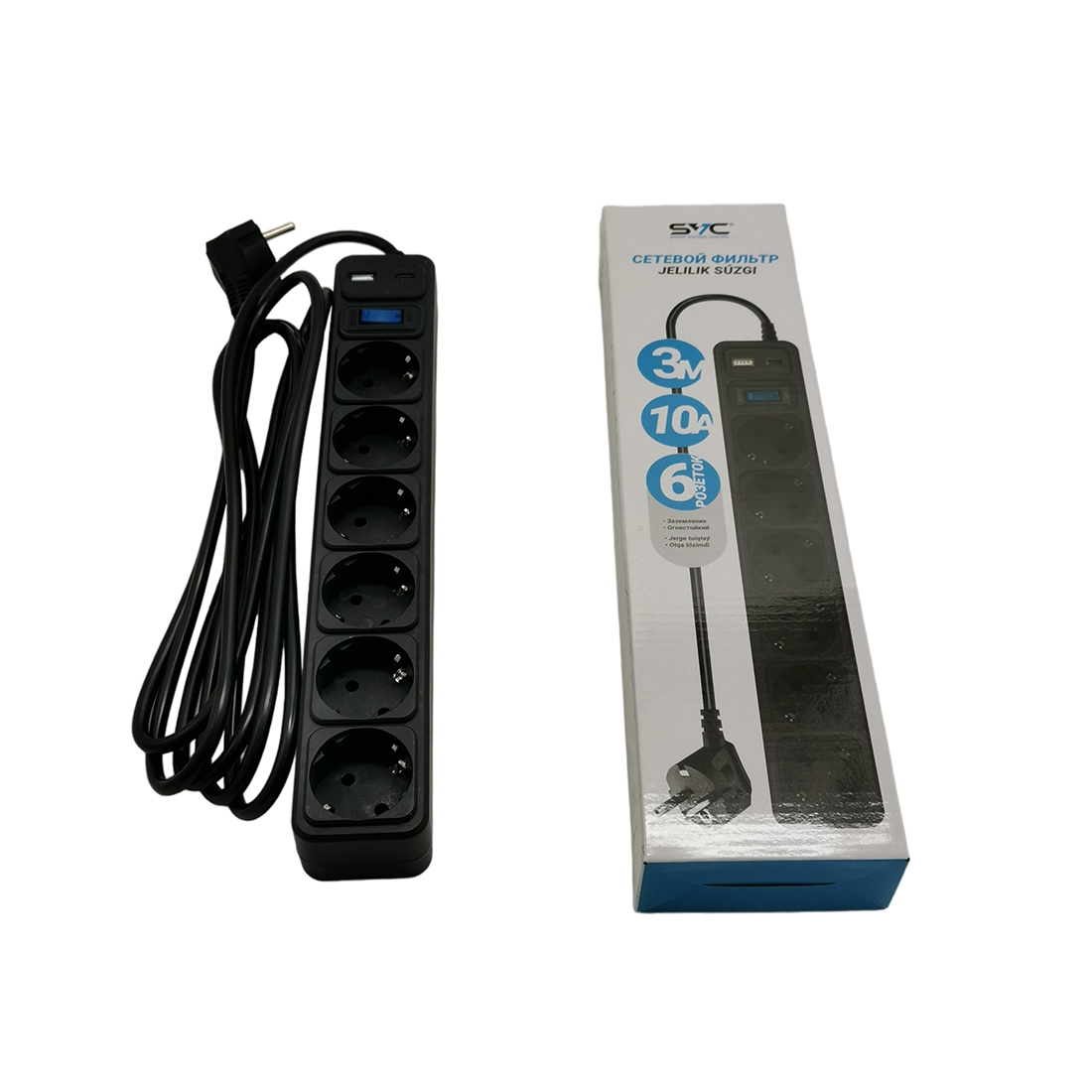 Сетевой фильтр SVC ZC6S-30M-USB/TypeC 3 м. 220 В