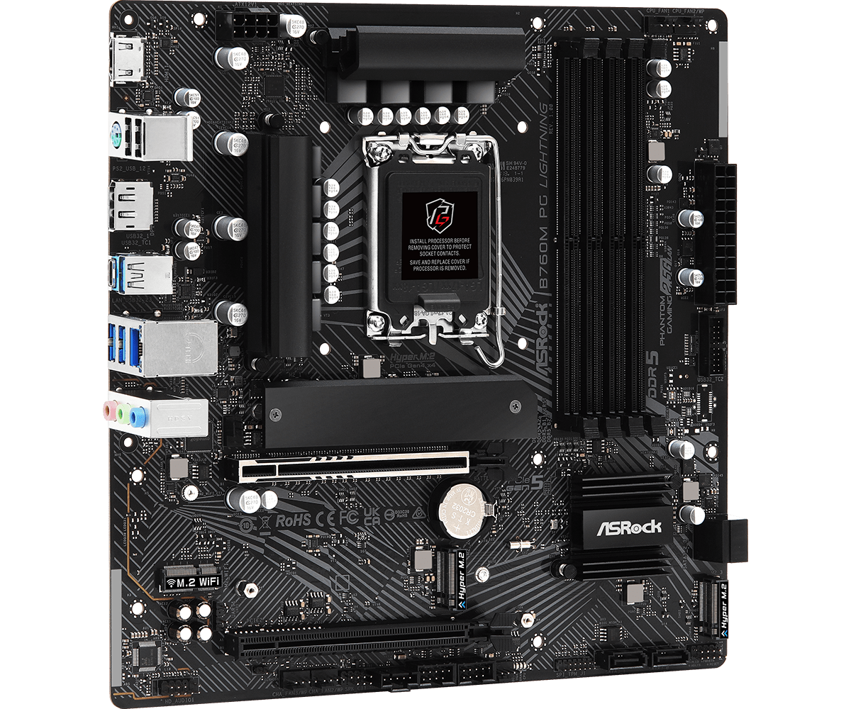 Материнская плата ASRock B760M PG Lighting [LGA 1700, Intel B760, 4xDDR 5, 3xM.2, 2xPCI-E x16, Micro-ATX]