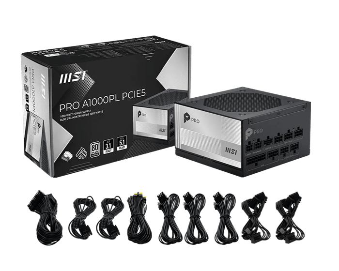 Блок питания MSI PRO A1000PL PCIE5 [1000 Вт, 80 PLUS Platinum, 6x SATA, 1 x 16 pin (12VHPWR), 3 x 6+2 pin PCIe, 2x 4+4 pin CPU, EPS12V, ATX]