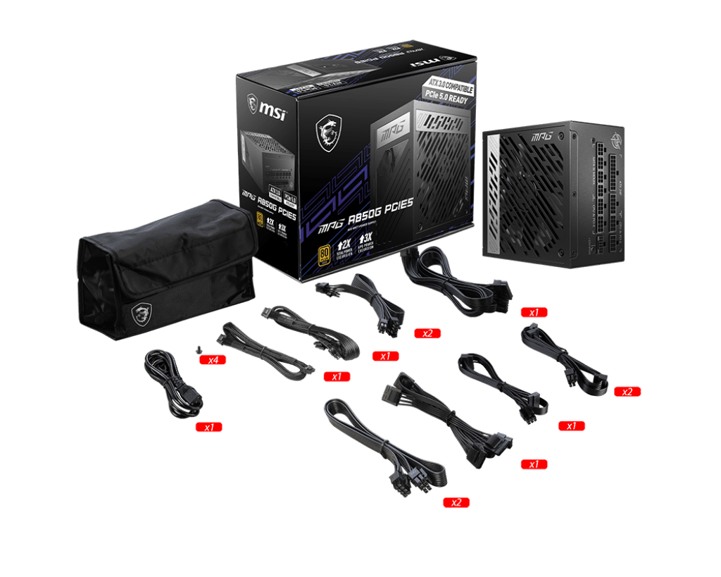 Блок питания MSI MPG A850G PCIE5 [850 Вт, 80 PLUS Gold, 8x SATA, 1 x 16 pin (12VHPWR), 6 x 6+2 pin PCIe, 2x 4+4 pin CPU, ATX]