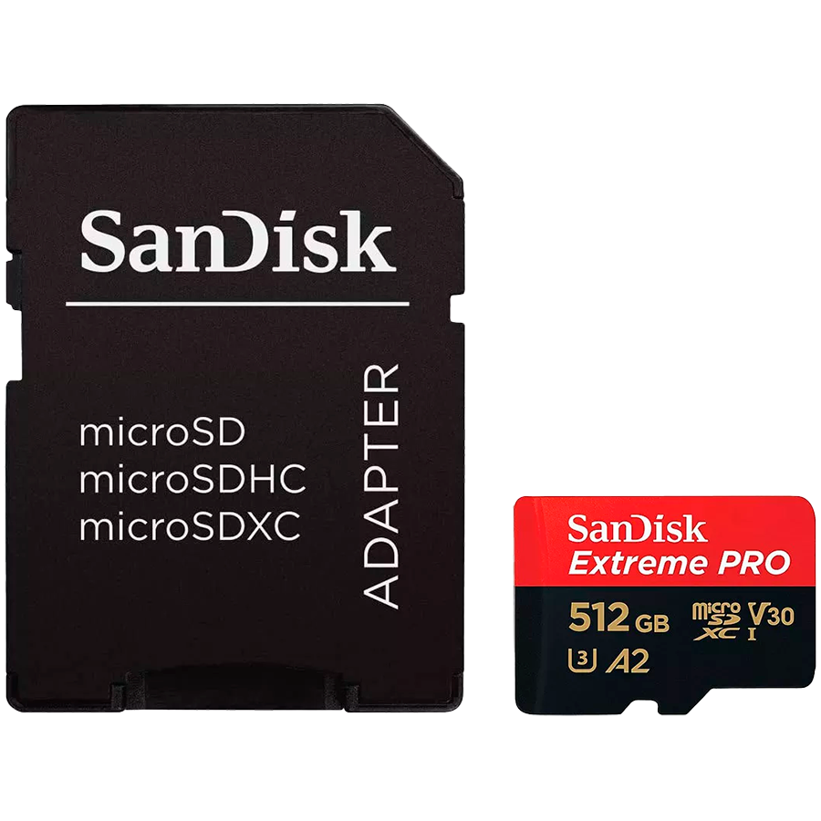 Карта памяти microSDXC SanDisk Extreme PRO  512GB + SD Adapter + 2 years RescuePRO Deluxe up to 200MB/s & 140MB/s, A2 C10 V30 UHS-I U3