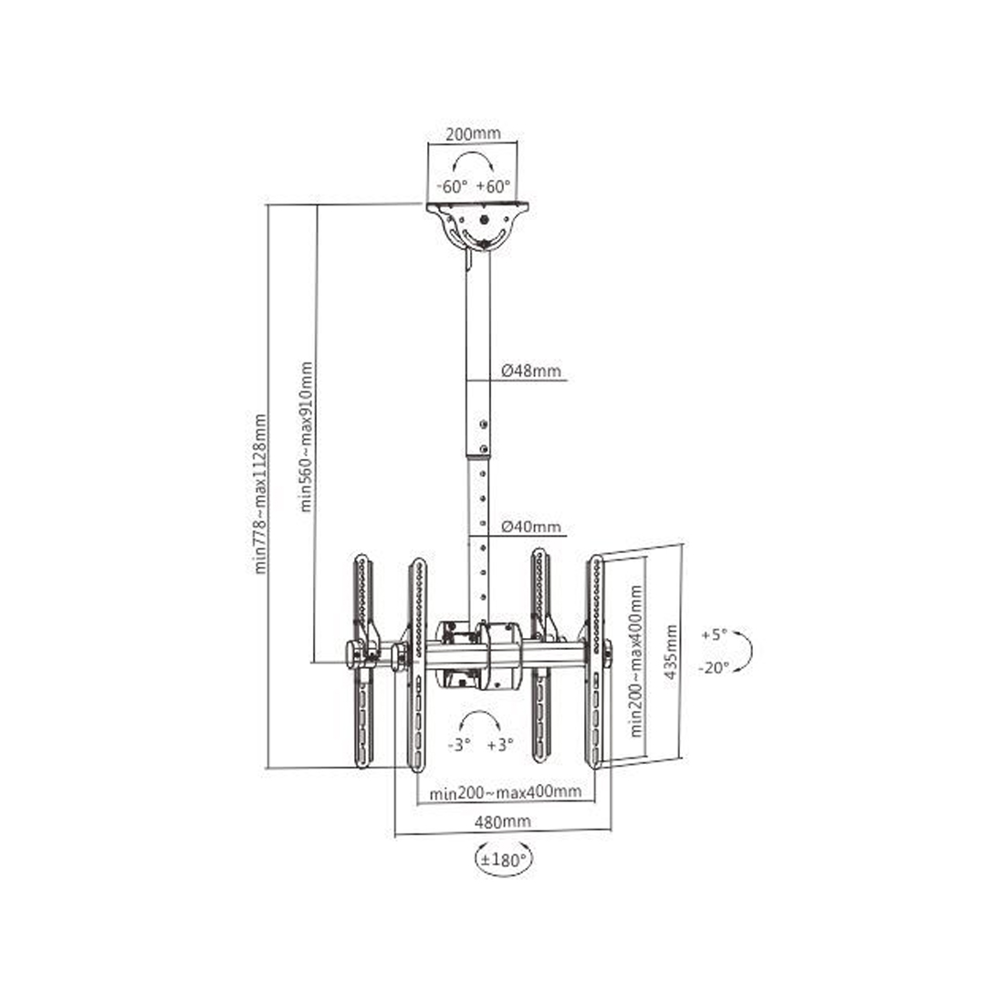 Кронштейн потолочный Brateck PLB-CE944-01SD для 2-х ТВ и мониторов, 32"-55"