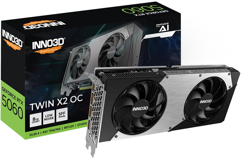 Видеокарта Inno3D GeForce RTX 5060 TWIN X2 OC (N50602-08D7X-195070N) [8 ГБ, GDDR7, 128 бит, HDMI, DisplayPort (3 шт)]
