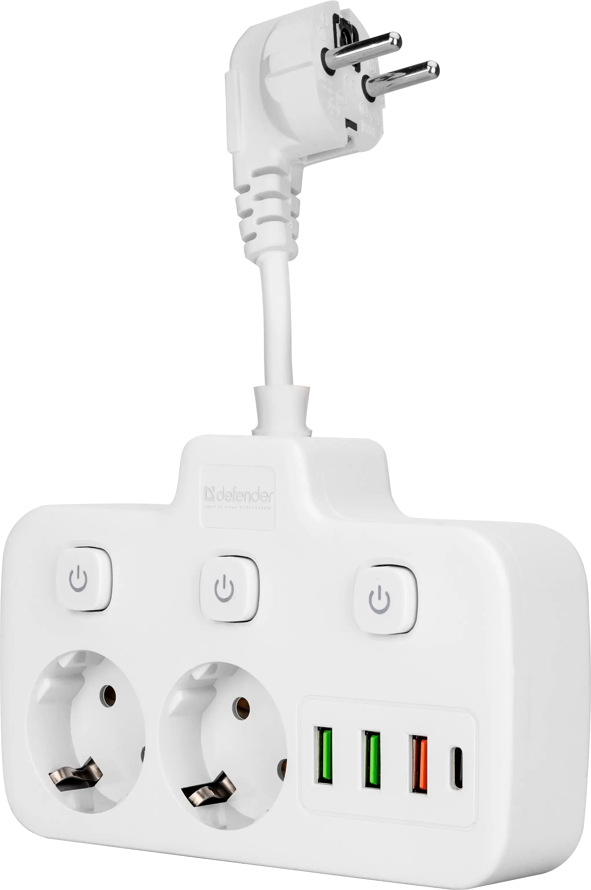 Удлинитель Defender без заземления R240 (99295) 0.2м, 2 розетки, 3xUSB, 1xType-C, белый