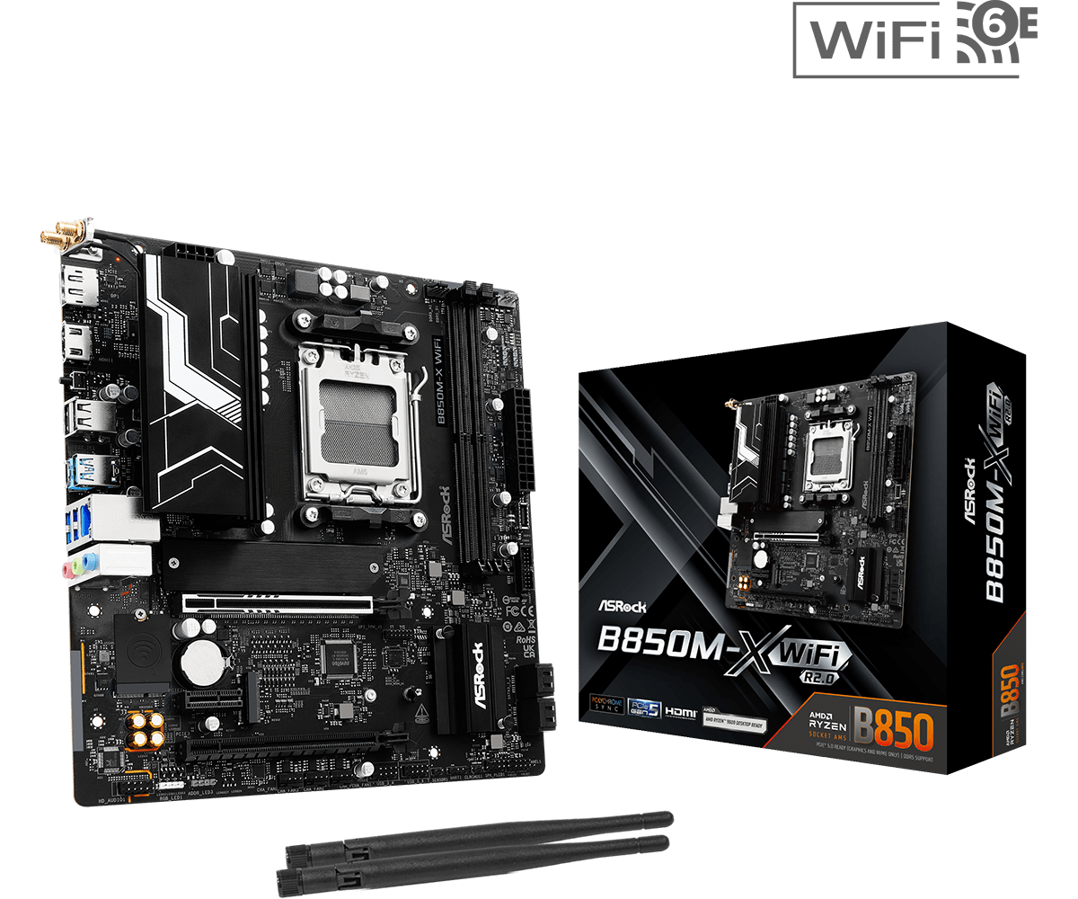 Материнская плата ASRock B850M-X WIFI R2.0 [AM5, AMD B850, 2xDDR 5, 2xM.2, 2xPCI-E x16, Micro-ATX]