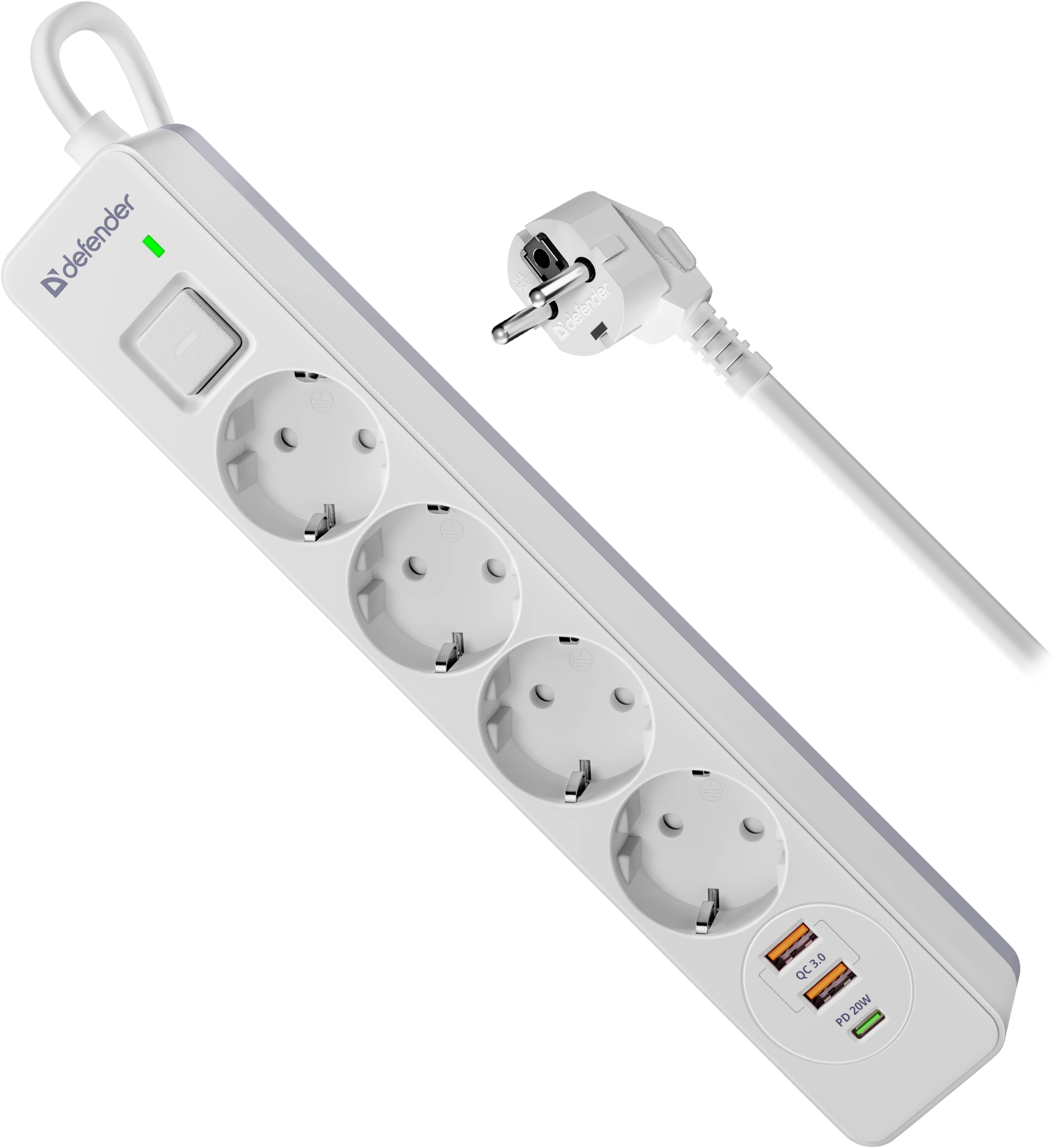 Сетевой фильтр Defender DFS 143 - 3,0 М, 4 розеток, 2xUSB, 1xType-C, белый