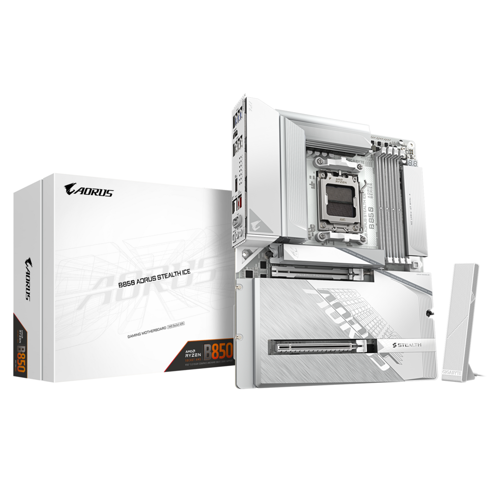 Материнская плата Gigabyte B850 AORUS STEALTH ICE (B850 A STEALTH ICE) [AM5, AMD B850, 4xDDR 5, 4xM.2, 2xPCI-E x16, Standard-ATX]