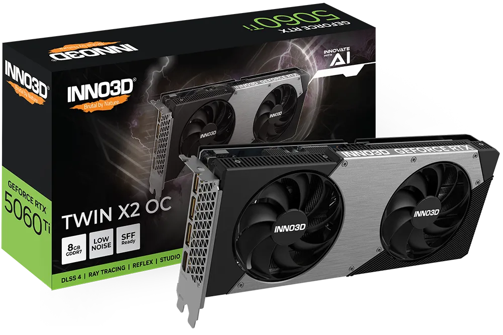 Видеокарта Inno3D GeForce RTX 5060 Ti 8GB TWIN X2 OC (N506T2-08D7X-193075N) [8 ГБ, GDDR7, 128 бит, HDMI, DisplayPort (3 шт)]