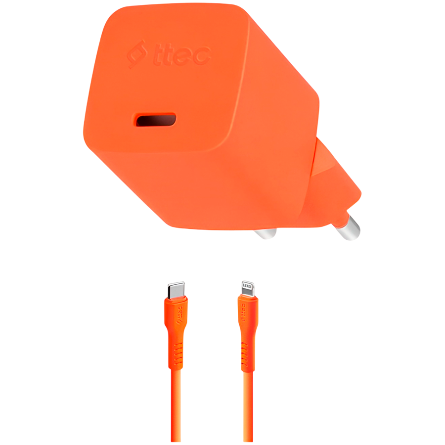 ttec SmartCharger GAN 20W PD (2SCG20LNT) Travel Fast Charger + USB-C - Lightning Cable 120cm, Neon Orange