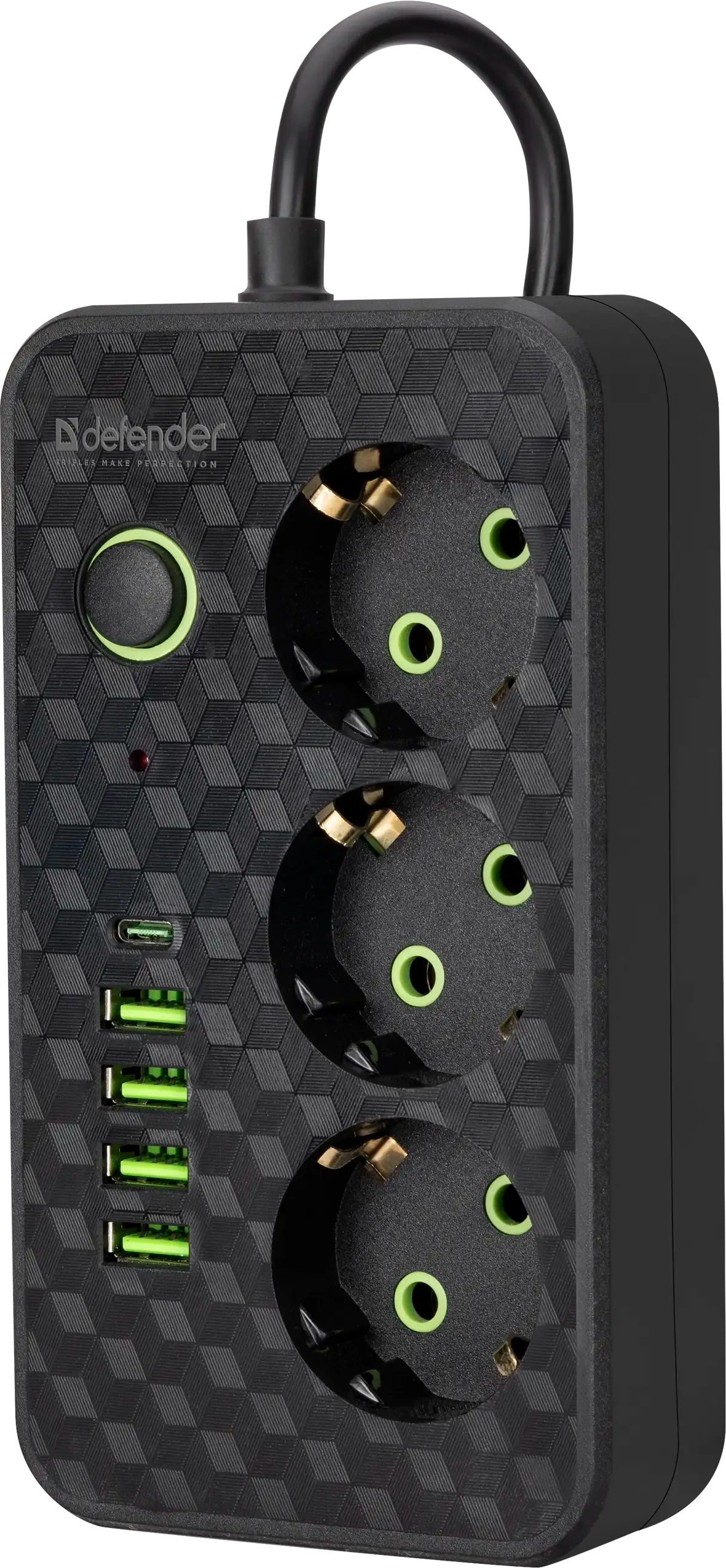 Удлинитель Defender без заземления R220 (99293) 3 м, 3 розетки, 4xUSB, 1xType-C, черный