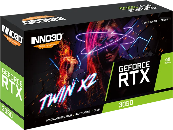 Видеокарта Inno3D GeForce RTX3050 TWIN X2 V2 (N30502-06D6-1880VA60) [6 ГБ, GDDR6, 96 бит, DVI, HDMI, DisplayPort]