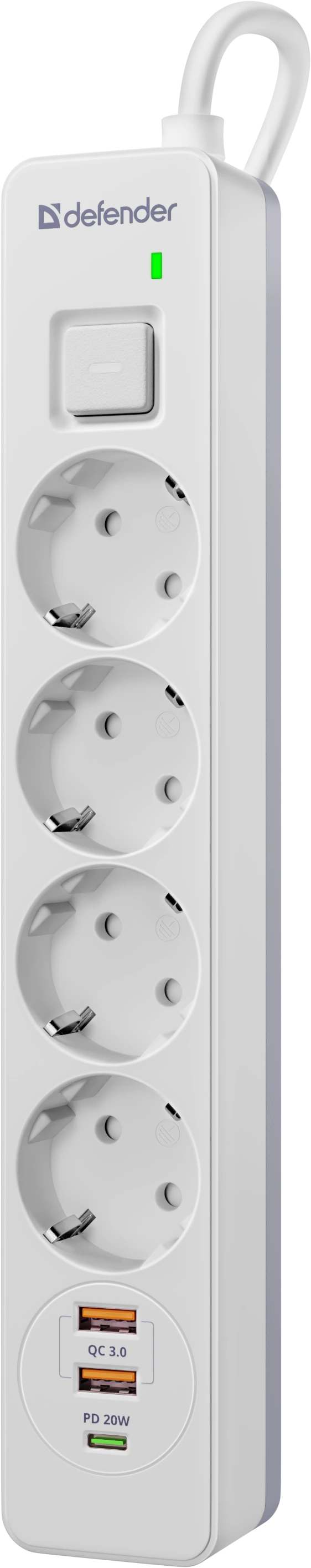Сетевой фильтр Defender DFS 141 - 1,5 М, 4 розеток, 2xUSB, 1xType-C, белый
