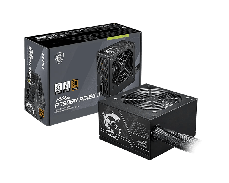 Блок питания MSI MAG A750BN PCIE5 II [750 Вт, 80 PLUS Bronze, 3x SATA, 1 x 16 pin (12VHPWR), 3 x 6+2 pin PCIe, 1x 4+4 pin, 1x 8 pin CPU, EPS12V, ATX]