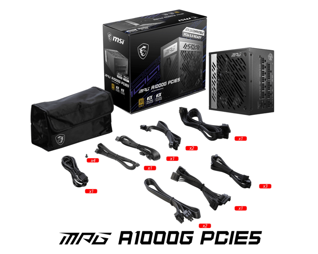 Блок питания MSI MPG A1000G PCIE5 [1000 Вт, 80 PLUS Gold, 12x SATA, 1 x 16 pin (12VHPWR), 6 x 6+2 pin PCIe, 2x 4+4 pin CPU, ATX]