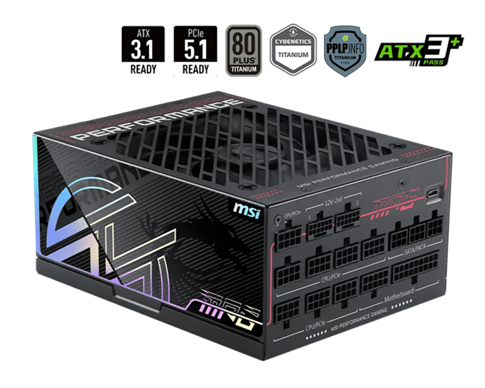 Блок питания MSI MPG Ai1300TS PCIE5 [1300 Вт, 80 PLUS Titanium, 8x SATA, 2 x 16 pin (12VHPWR), 7 x 6+2 pin PCIe, 1x 4+4 pin, 1x 8 pin CPU, EPS12V, ATX]