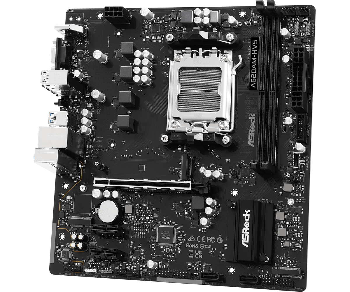 Материнская плата ASRock A620AM-HVS [AM5, AMD A620, 2xDDR 5, 2xM.2, 1xPCI-E x16, Micro-ATX]