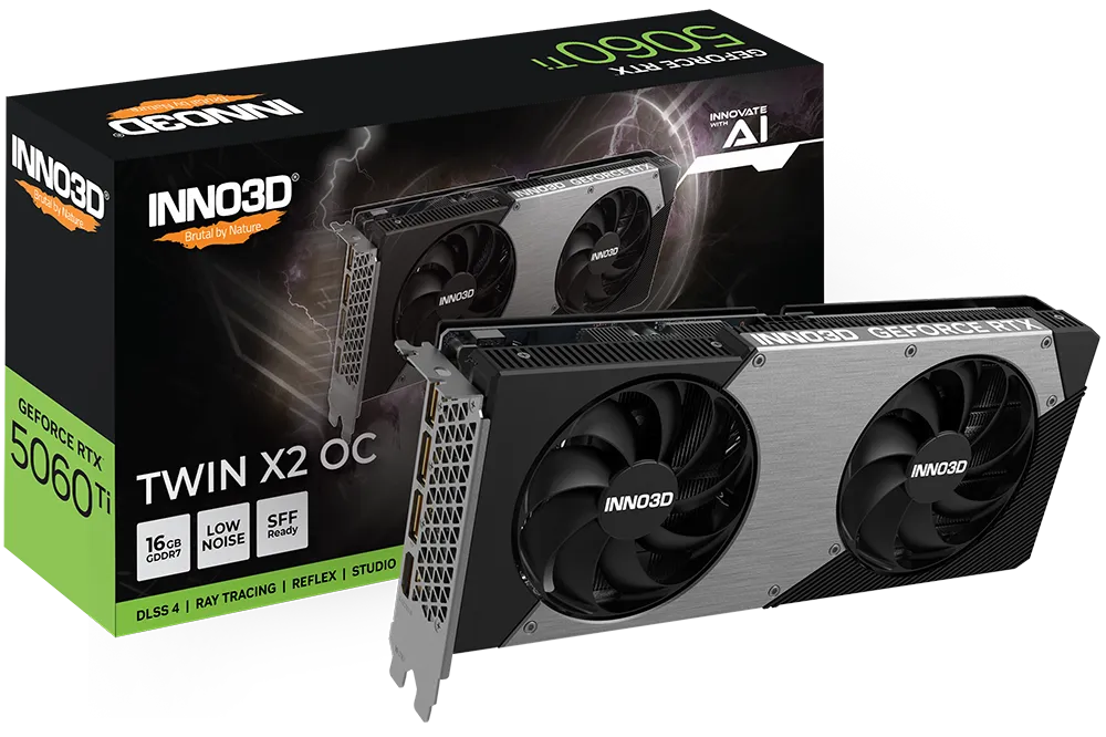 Видеокарта Inno3D GeForce RTX 5060 Ti 16GB TWIN X2 OC (N506T2-16D7X-191073N) [16 ГБ, GDDR7, 128 бит, HDMI, DisplayPort (3 шт)]