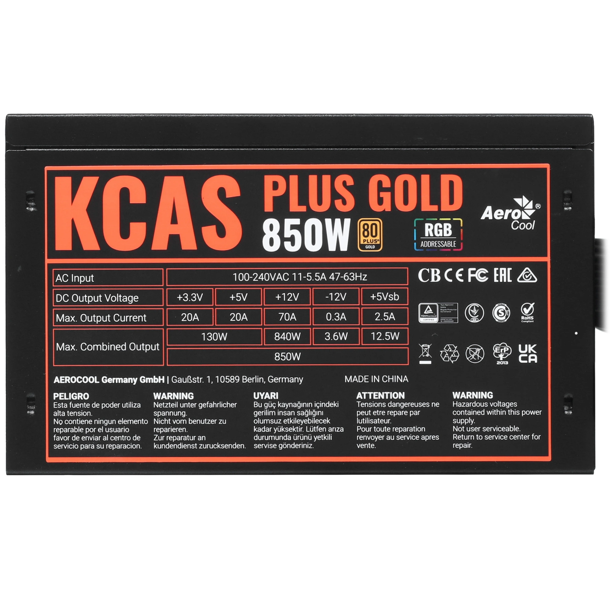Блок питания AeroCool KCAS Plus Gold 850W RGB [850 Вт, 80 PLUS Gold, 8x SATA, 3 x 6+2 pin PCIe, 2x 4+4 pin CPU, EPS12V, ATX]