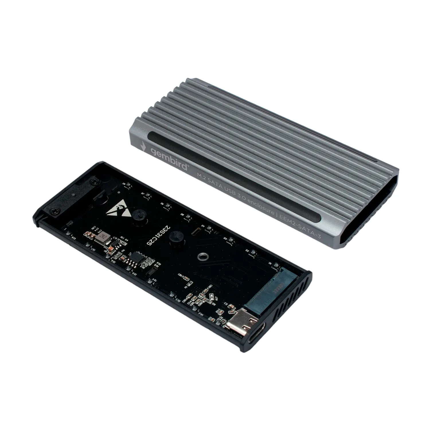 Коробка для M2" жестких дисков Gembird EEM2-SATA-3, серебристый External Case M2 to USB 3.1 Type-С, power via USB, серый