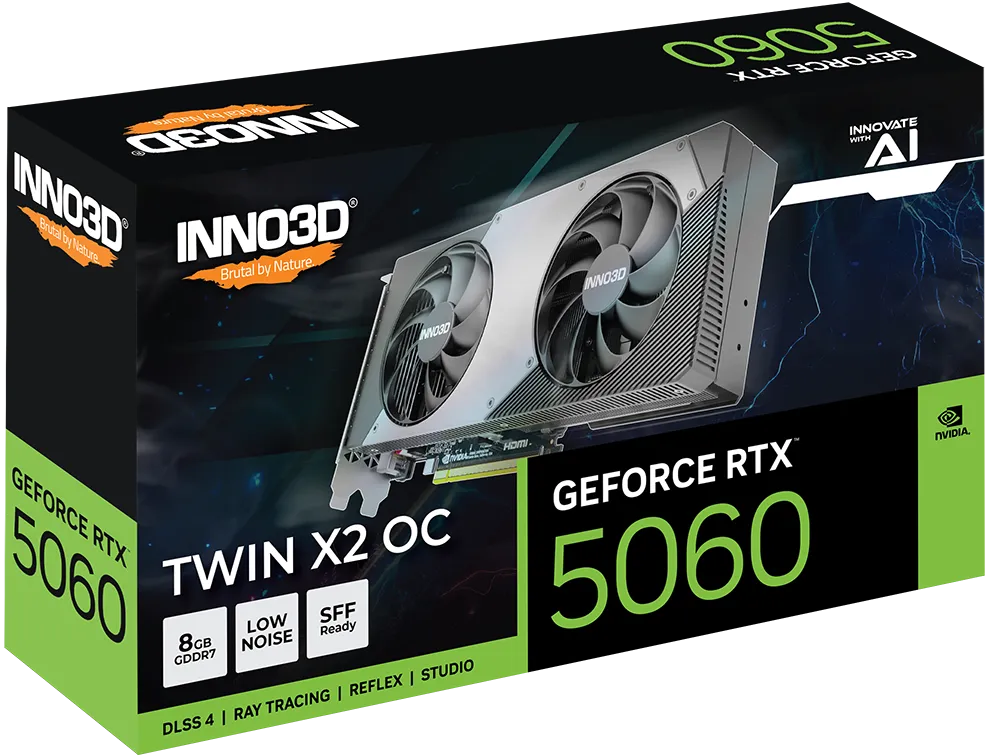 Видеокарта Inno3D GeForce RTX 5060 TWIN X2 OC (N50602-08D7X-195070N) [8 ГБ, GDDR7, 128 бит, HDMI, DisplayPort (3 шт)]