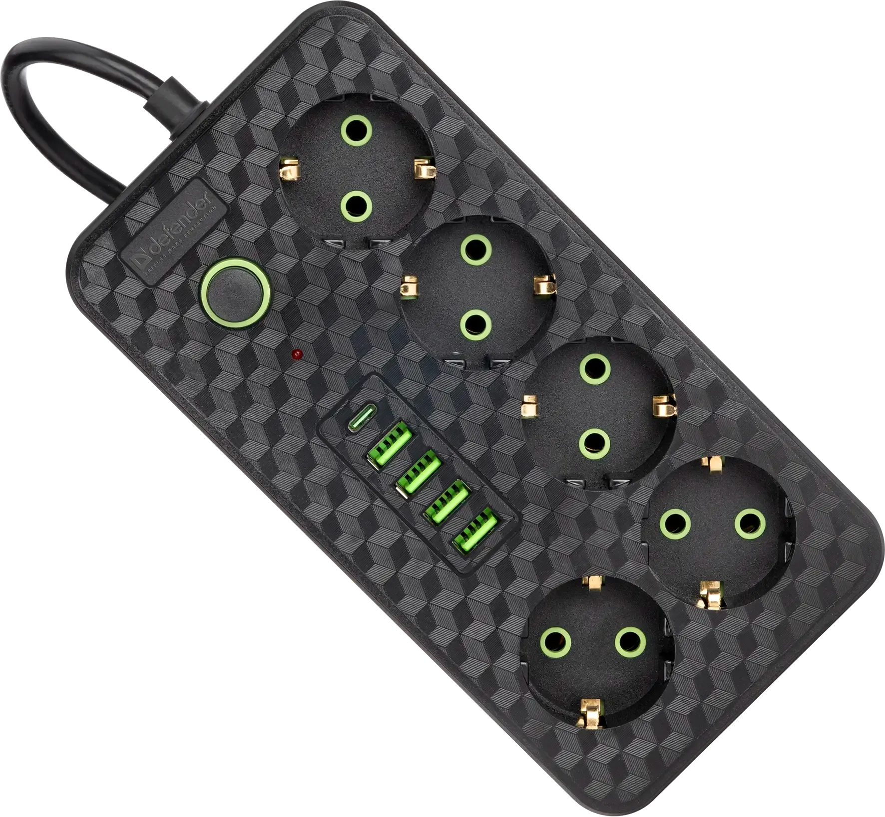 Удлинитель Defender без заземления R218 (99292) 3 м, 5 розеток, 4xUSB, 1xType-C, черный