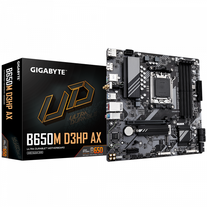 Материнская плата Gigabyte B650M D3HP AX (B650M D3HP AX 1.0) [AM5, AMD B650, 4xDDR 5, 1xM.2, 1xPCI-E x16, Micro-ATX]