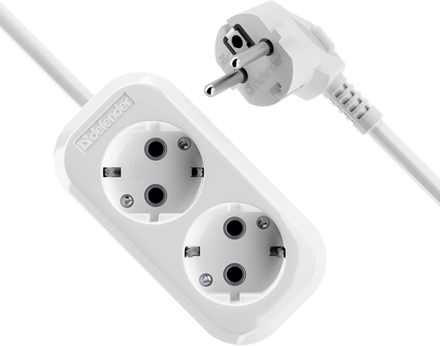 Удлинитель с заземлением Defender R320 16 А, 5 м, 2 розетки, белый