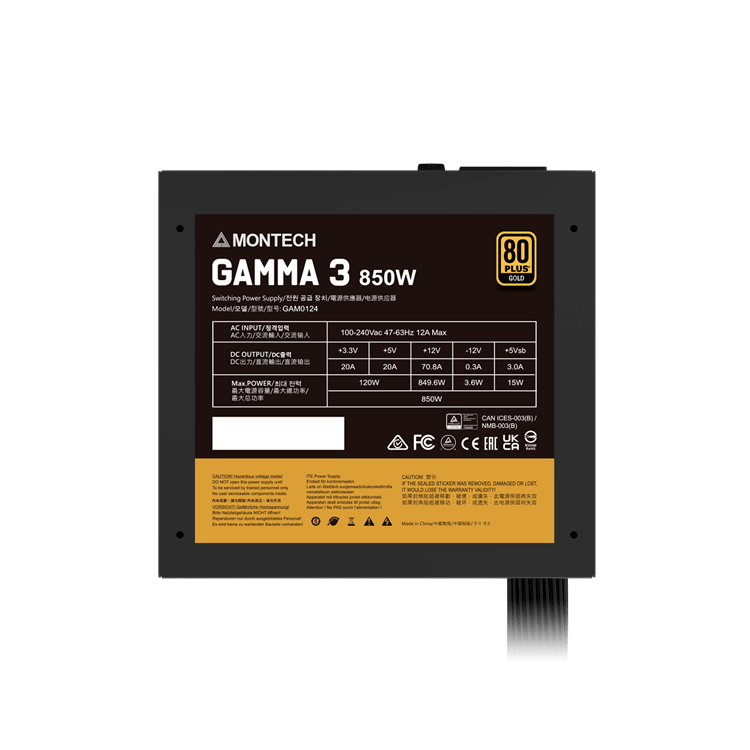 Блок питания Montech  850W, GAMMA 3 850W, Non Modular, ATX, 80+ GOLD, КПД 92%, Fan 135mm, Черный