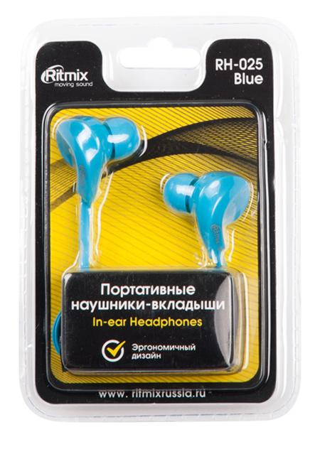 Наушники Ritmix RH-025, Синий Headphone 32 Ohm, 20-20000Hz, 100dB, 1.2m, blue