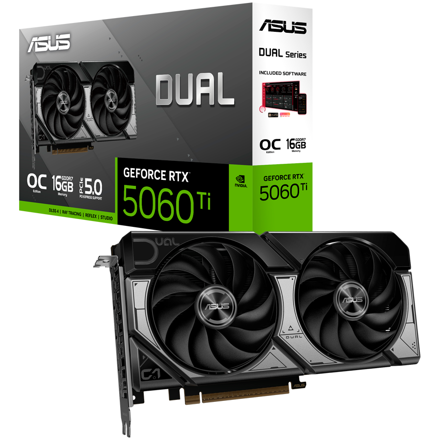 Видеокарта Asus Dual GeForce RTX 5060 Ti 16GB OC (DUAL-RTX5060TI-O16G) [16 ГБ, GDDR7, 128 бит, HDMI, DisplayPort (3 шт)]