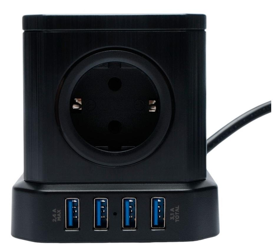 Сетевой фильтр Cablexpert Tower, TWR-5-U4-B-3, 5р, 10А, 4хUSB, 3.1А, 3м, ур.защ. 4+, коробка черный