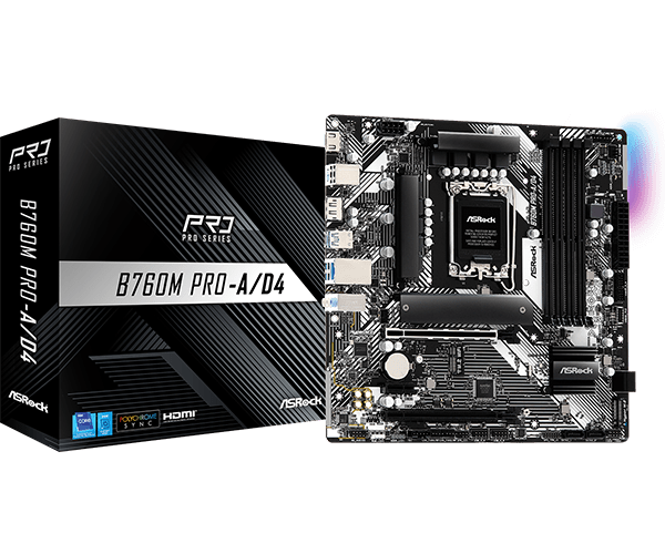 Материнская плата ASRock B760M PRO-A/D4 [LGA 1700, Intel B760, 4xDDR 4, 2xM.2, 2xPCI-E x16, Micro-ATX]