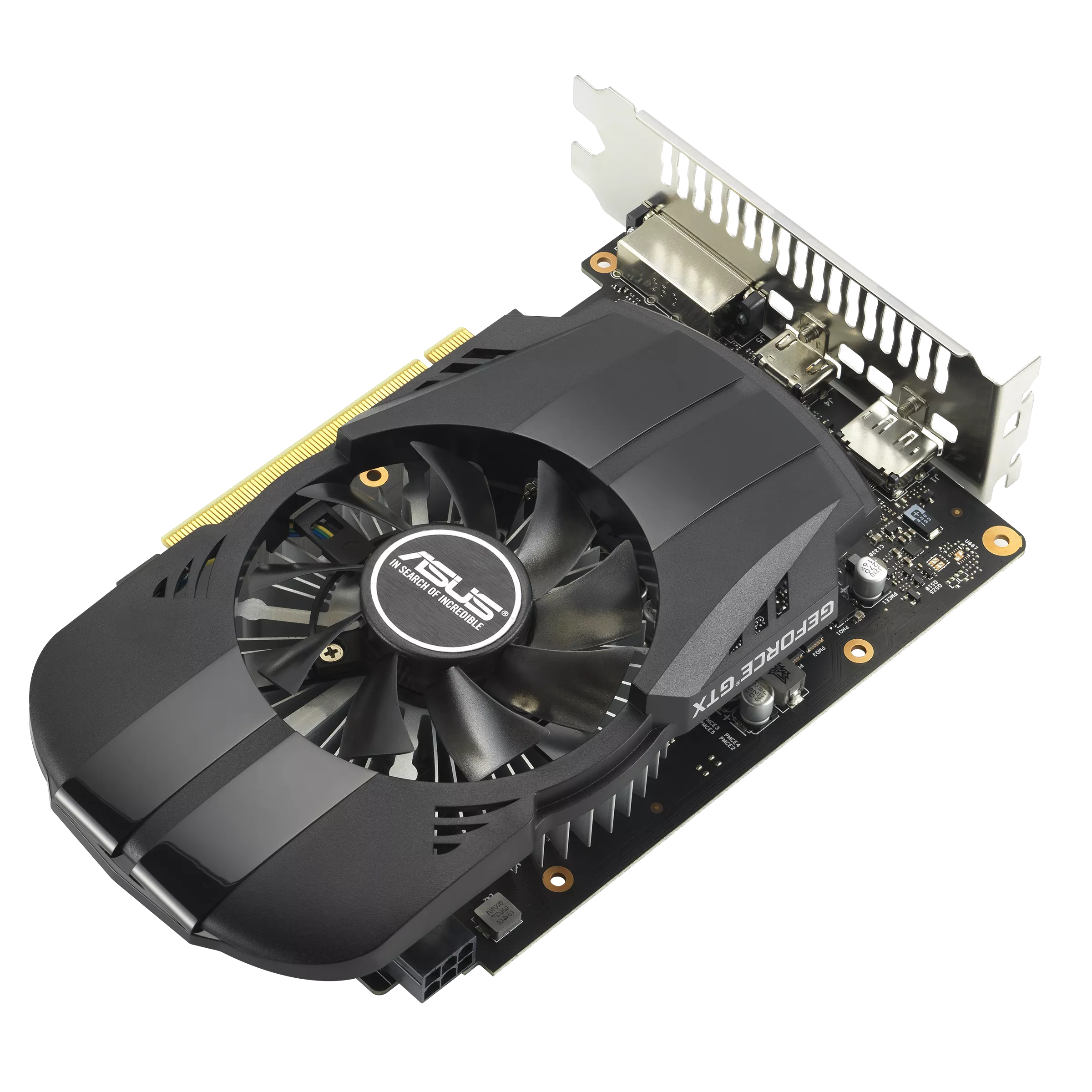 Видеокарта ASUS GeForce GTX 1650 Phoenix EVO OC (PH-GTX1650-O4GD6-P-EVO) [4 ГБ, GDDR6, 128 бит, 1605 МГц, 1635 МГц, DVI, HDMI, DisplayPort]