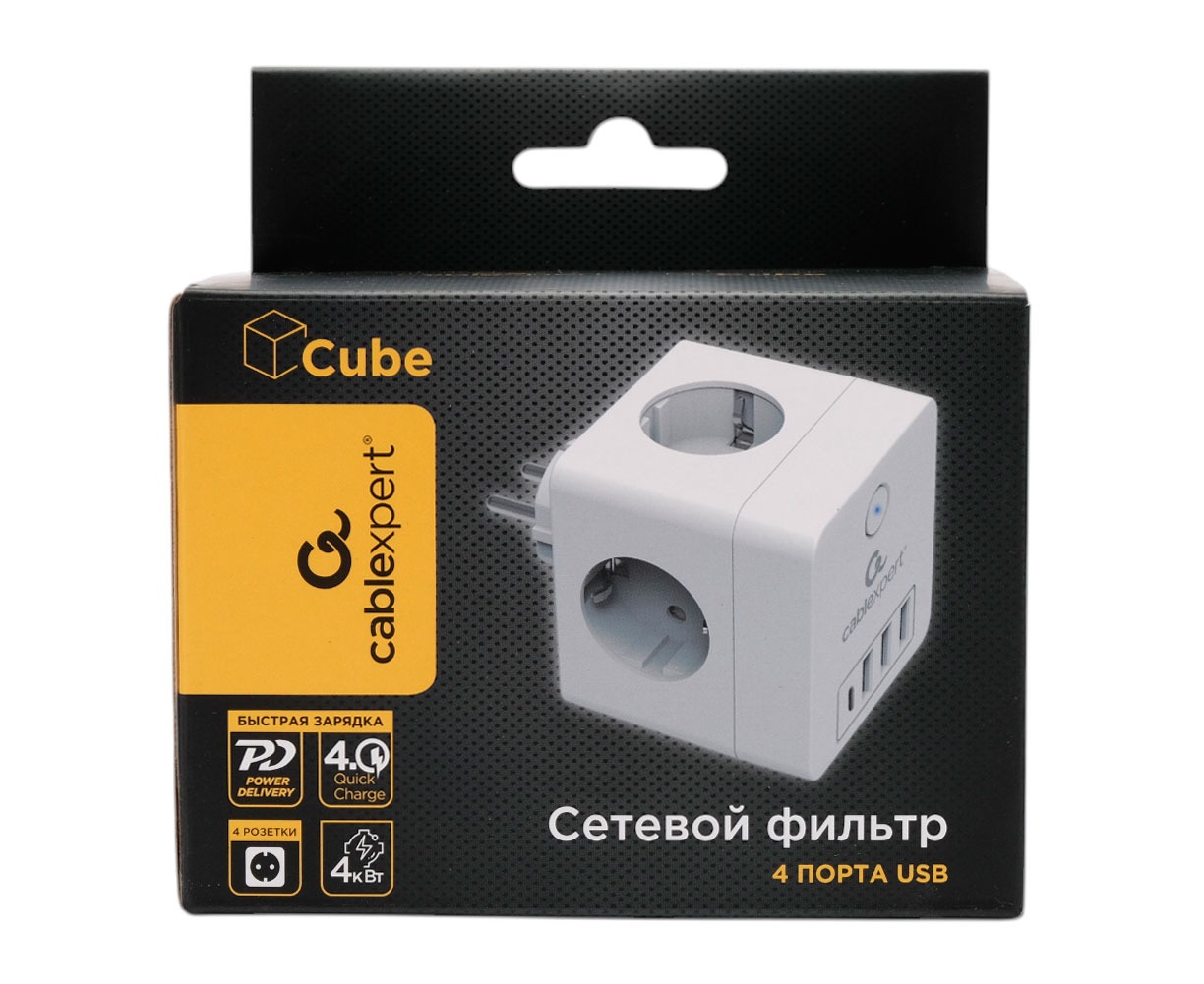Сетевой фильтр Cablexpert Cube, CUBE-4-CU3-W, 4р, 16А, 1xType-C PD, 3хUSB, ур.защ. 2+, коробка белый