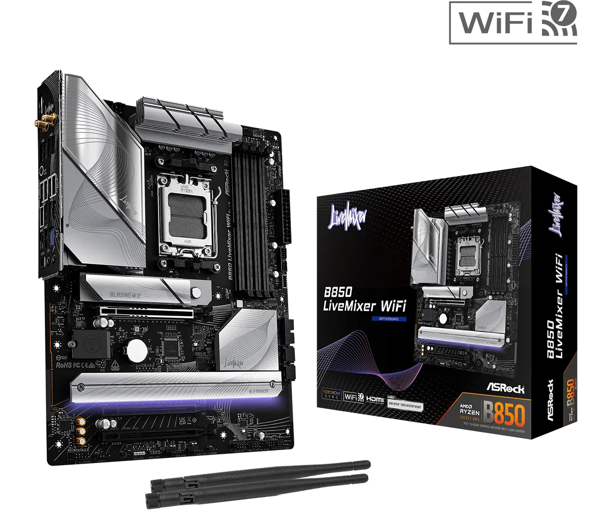 Материнская плата ASRock B850 LiveMixer WiFi [AM5, AMD B850, 4xDDR 5, 3xM.2, 3xPCI-E x16, Standard-ATX]