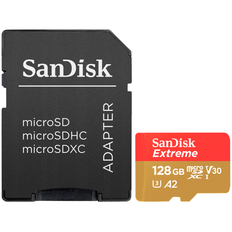 Карта памяти SANDISK Extreme microSDXC 128GB + SD Adapter, A2 C10 V30 UHS-I U3 (SDSQXAA-128G-GN6MA)
