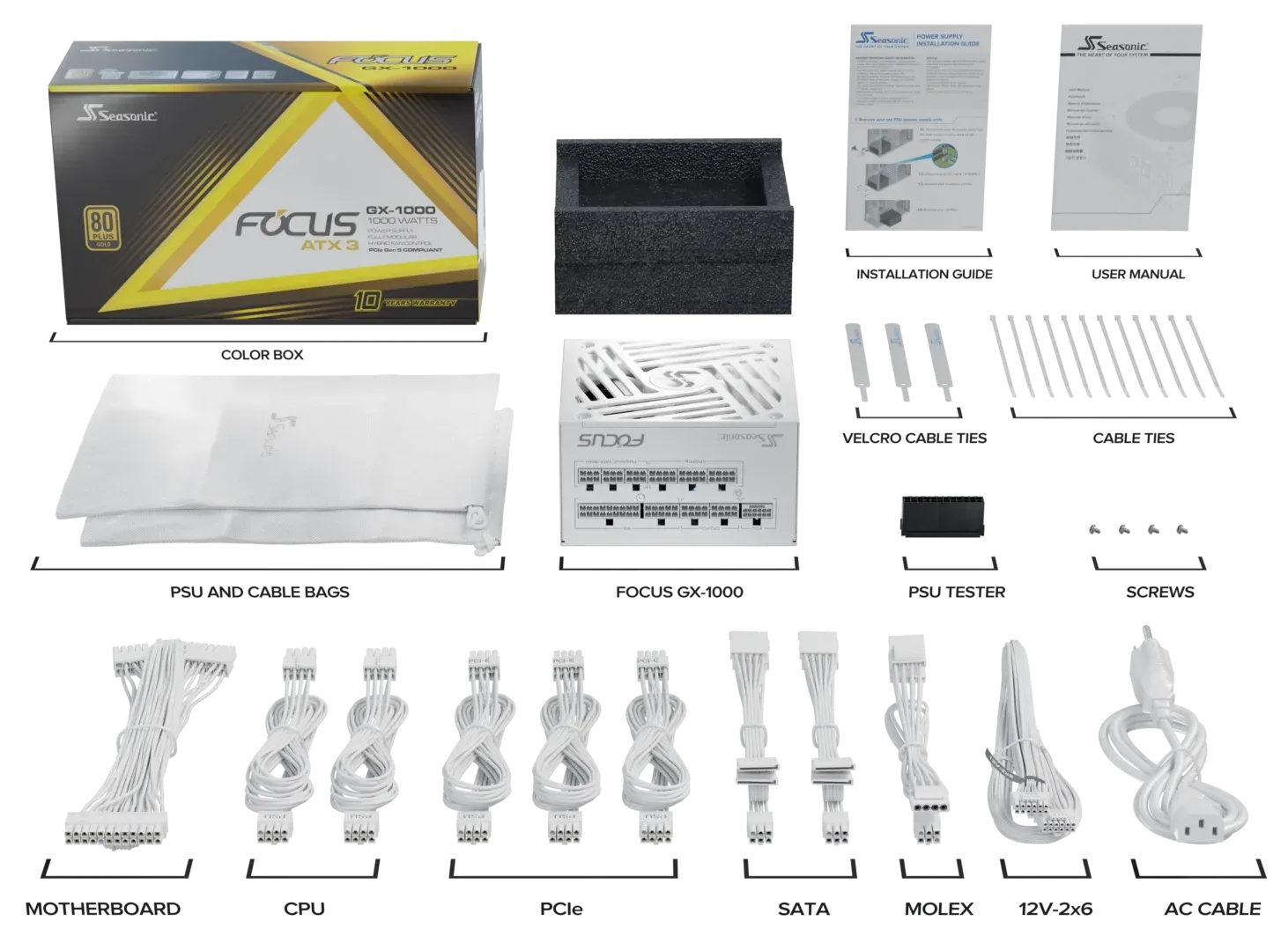 Блок питания Seasonic Focus GX-850-V4-White (SRP-FGX851-A5A32SF) [850 Вт, 80 PLUS Gold, 3x SATA, 1 x 16 pin (12VHPWR), 3 x 6+2 pin PCIe, 1x 4+4 pin CPU, ATX]