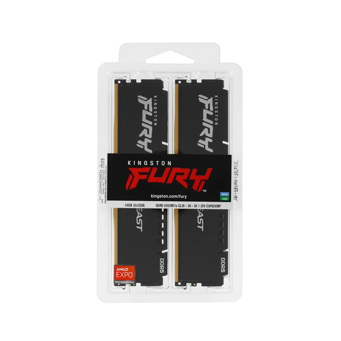 Комплект оперативной памяти Kingston Fury Beast, KF560C36BBEK2-64, 64 ГБ DDR 5, 6000 МГц, 1.35 В, KIT