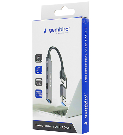 Концентратор USB Gembird UHB-C444 Hub 4 port, USB 3.0  2.0, 2хType-C, 1хUSB 3.0, 1хUSB 2.0, черный