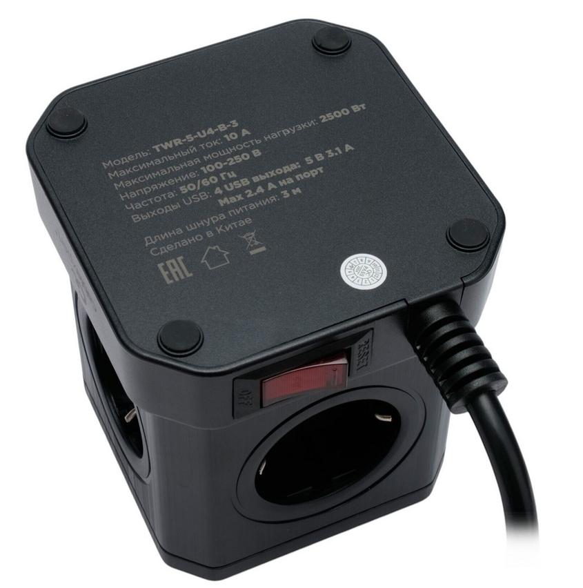 Сетевой фильтр Cablexpert Tower, TWR-5-U4-B-3, 5р, 10А, 4хUSB, 3.1А, 3м, ур.защ. 4+, коробка черный